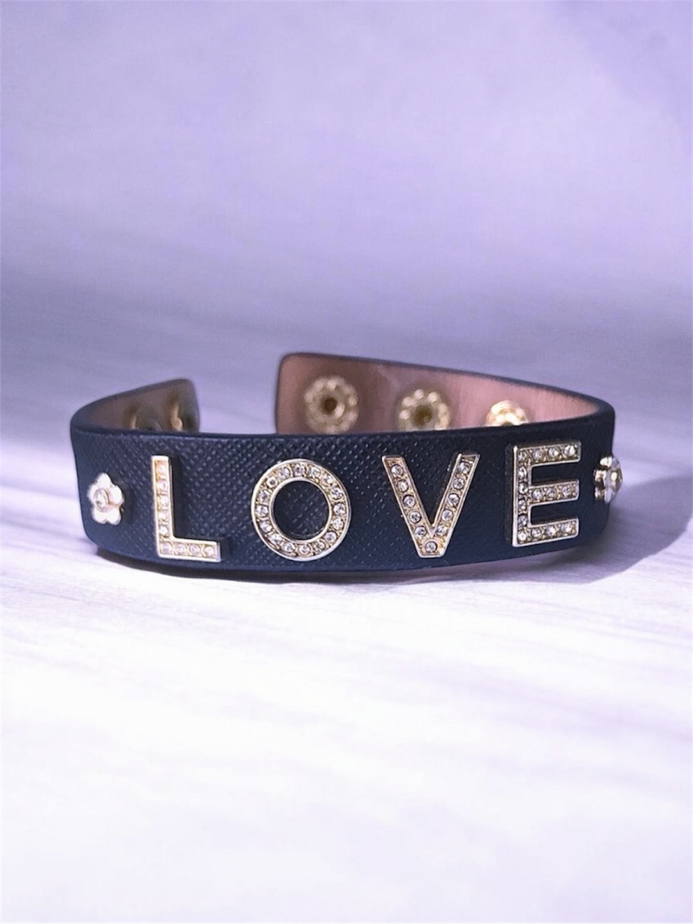 Juicy Crystal 'LOVE' Black Leather Cuff Bracelet